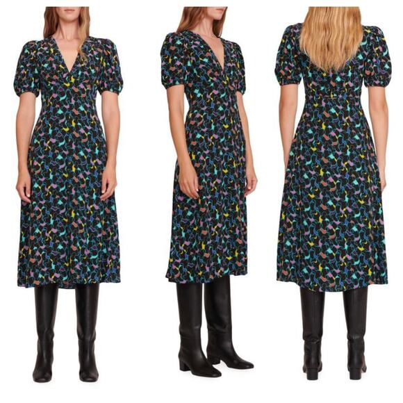 STAUD Milla Puff-Sleeve Midi-Dress - Black Abstract Wave - 4 - Picture 6 of 15